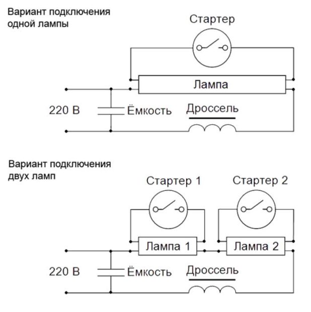 Схема подключения лампы дневного света с дросселем и стартером 2 лампы